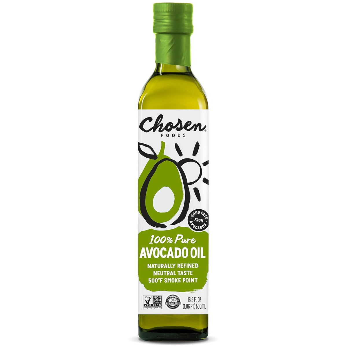 Chosen Foods Avocado Oil, 16.9 Fl Oz - All Purpose Cooking Oil made from 100% Pure Avocados - Non-GMO, Gluten-Free, Keto Friendly, Glyphosate Free - 500mL (Pack Of 1)