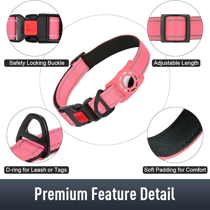 Airtag Dog Collar with AirTag Holder for Medium Dogs, Reflective, Soft Padded & Safety Locking Buckle, Nylon Pet Collars Adjustable for All Breeds, Pink,M