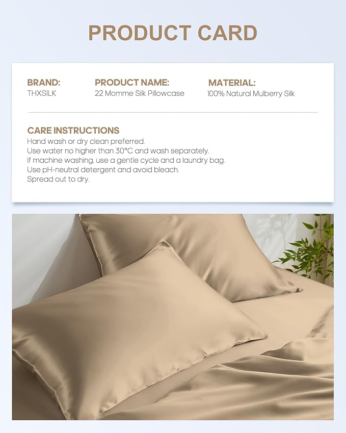 THXSILK Set of 2 Silk Pillowcase for Hair and Skin, 100% Mulberry Silk Bed Pillowcase 22 Momme, Hypoallergenic Soft Breathable Silk Pillow Case with Hidden Zipper, King Size 20"x36", Taupe
