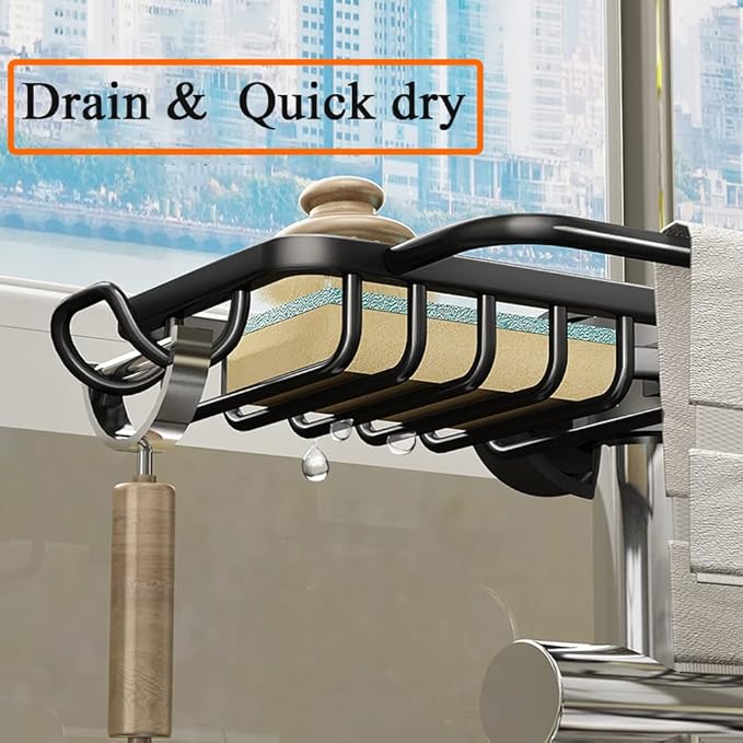 Faucet Sponge Holder Kitchen Sink Caddy Organizer Over Faucet Hanging Faucet Drain Rack for Sink Organizer (Upgraded with Dishcloth Rack, Black)