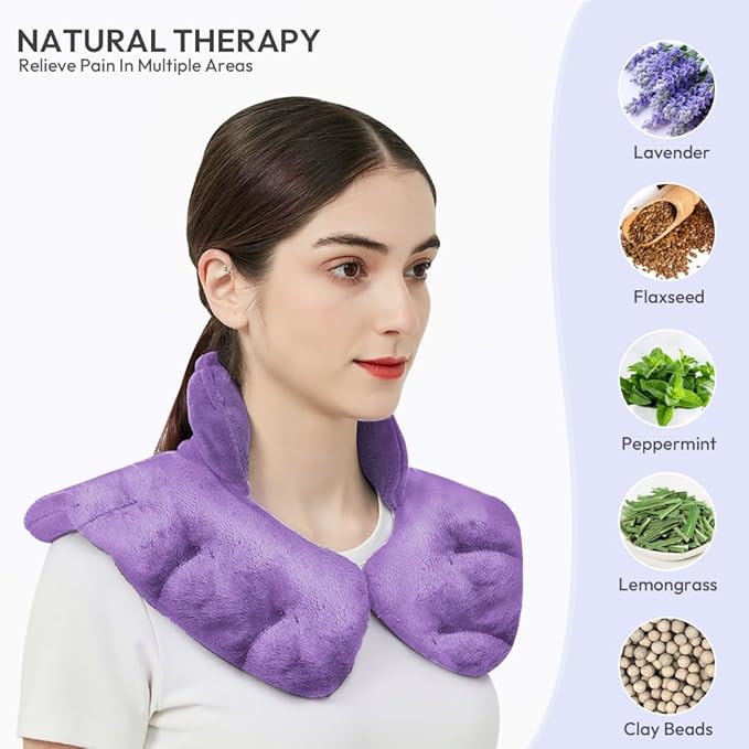 Microwavable Heating Pad for Neck and Shoulders, Weighted Microwave Moist Neck Wrap for Pain Relief Sore Muscle Stress Tension, Heated Wrap with Aromatherapy, Hot & Cold Compress, Purple