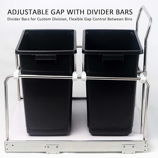 Slide Out Trash Can Holder Under Kitchen Cabinet, Heavy Duty Pullout Waste Container with 3 Adjustable Compartments for Waste & Recyclables, Wooden Base with Soft Close Slides, 17" Wide