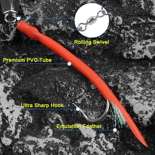 Diamond Jig Saltwater Fishing Lures Casting Jigging Spoon with Tube Tail Stainless Steel Hooks Trolling Lures Striped Bass Metal Jig for Deep Sea Surf Fishing Bottom Dragging Sinking - color: Red, size: 3 oz