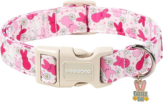 DOGWONG Easter Dog Collar, Cute Easter Pink Bunny Pet Collar Durable Holiday Girl Boy Adjustable Cotton Dog Collars for Medium Large Dogs,L Visit The Elegant Little Tail Store