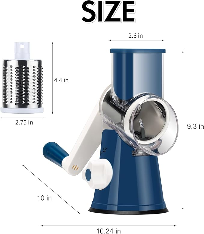 Ourokhome Rotary Cheese Grater Hand Crank, Kitchen Shredder Speed Mandolin Slicer Ice Shaver with Handle and Drum Blades for Cheese, Vegetable, Nuts, Chocolate, Potato, Carrot, 5 Blades, Dark Blue