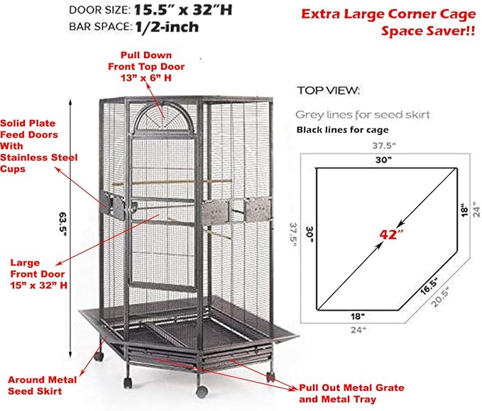 64" Extra Large Corner Bird Flight Breeding Wrought Iron Rolling Parrot Cage Side Solid Metal Plate Feed Doors Pull Out Removable Grate and Tray with Around Metal Seed Guard