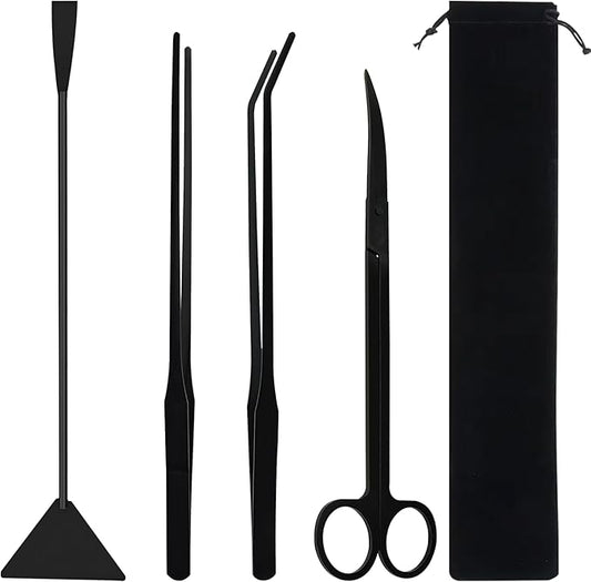 Aquascaping Tools Aquarium Kit – 4PCS Plant Trimming Tool Set with Long Tweezers, Scissors, Algae Scraper Spatula & Feeding Tongs, Fish Tank & Terrarium Cleaning Accessories