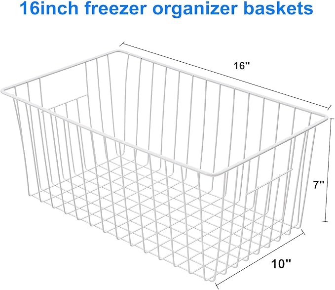 16inch Freezer Storage Organizer Baskets, Household Wire Refrigerator Bins with Built-in Handles for Cabinet, Pantry, Closet, Bedroom