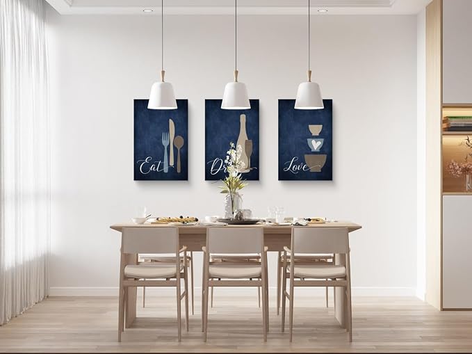GUBIYU Premium Navy Blue Wall Art Set of 3, Large Dining Room Kitchen Signs