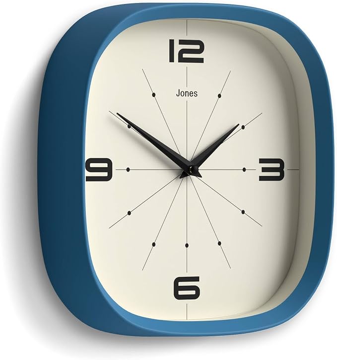 JONES CLOCKS® Pulsar wall Clock | Square Rounded Retro Clock | 10 inch | Blue |