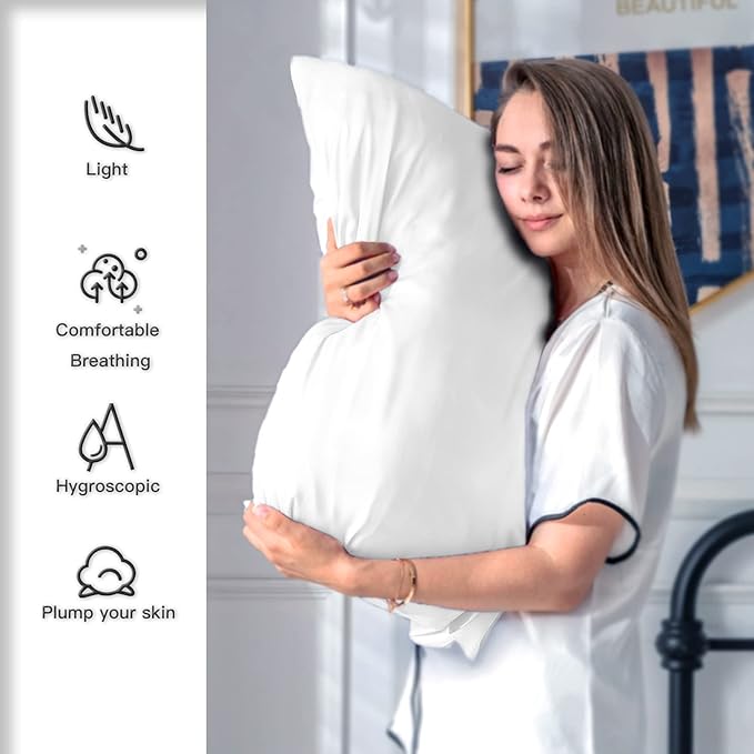 Natural Mulberry Silk Pillowcase for Hair and Skin Queen Size 20"X30" Silk Pillow Case with Hidden Zipper Soft Breathable Smooth Cooling Silk Pillow Covers for Sleeping(White,Queen,1Pcs)