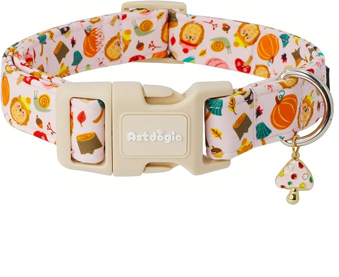 Fall Woodland Dog Collar, Playful Squirrel & Pumpkin Print on White Collar for Small Medium Large Dogs, Breathable, Adjustable & Comfortable Puppy Collar for Fall Walks & Pet Photos-XS