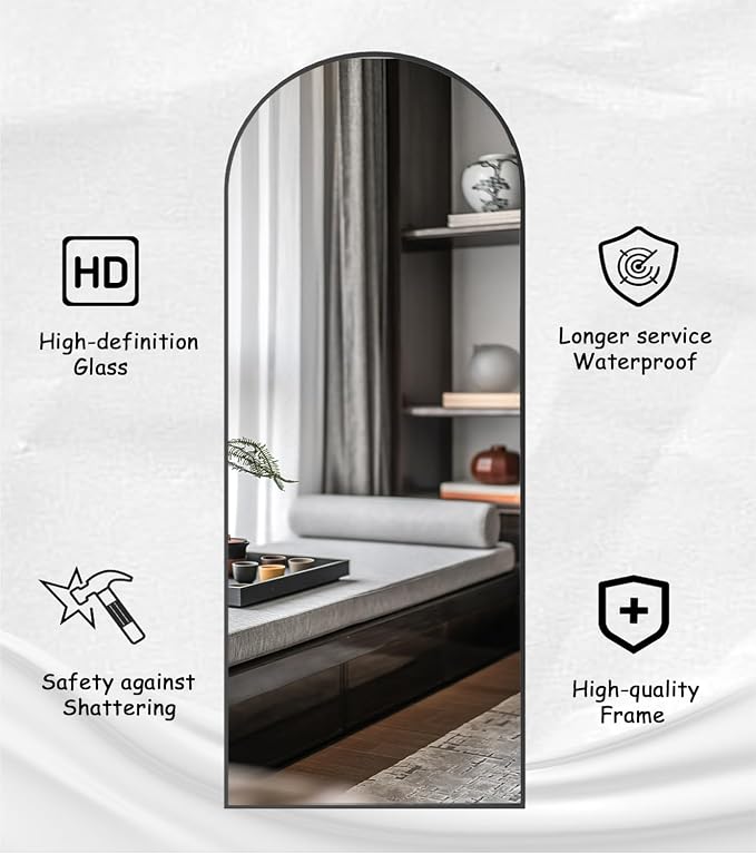 Rowjut Full Length Mirror Arched Floor Length Mirrors, Aluminum Frame