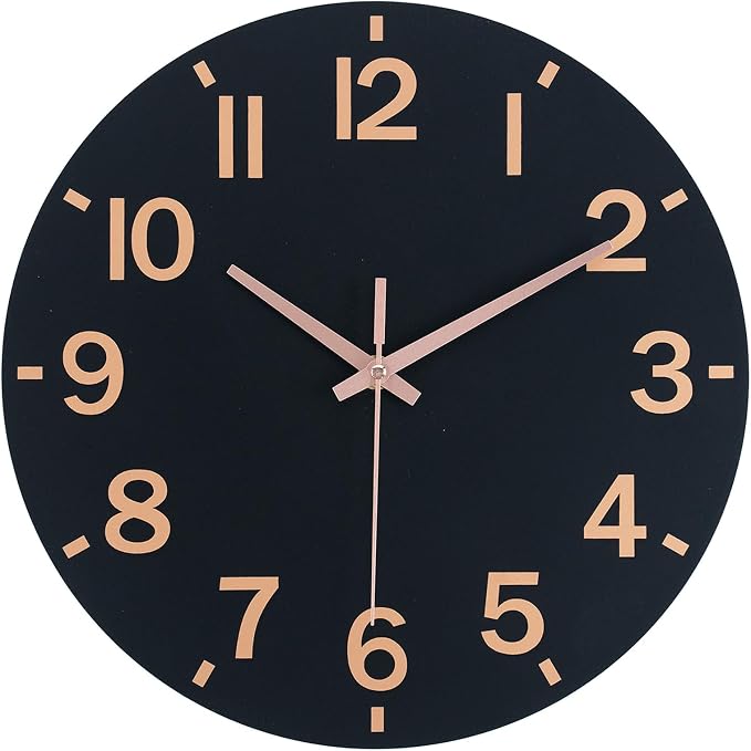 HZDHCLH Wall Clock 8 Inch Silent Non Ticking Wood Battery Operated Black Wooden