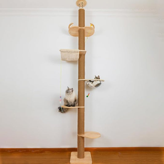 Floor to Ceiling Cat Tree Height (50-120 in) Adjustable Cat Tower 5 Tier Hemp Scratching Post High Cat Tree Sturdy Activity Tree Indoor Outdoor Cat Scratching Post Activity Center