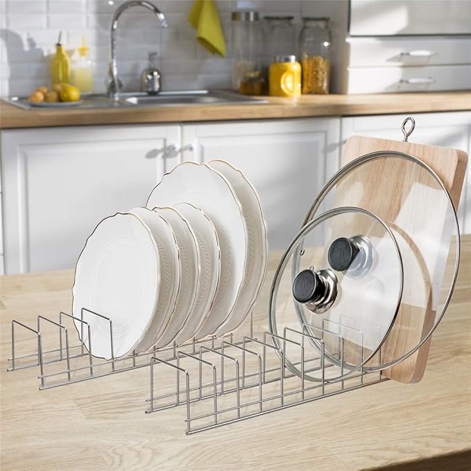 SANNO Pot Lid Organizer, Kitchen Plate Rack Holder Rest, Plates, Cutting Boards Bakeware, Cooling, Pots & Pans, Serving Trays,Lids Holder Rack,Nickel,Set of 2