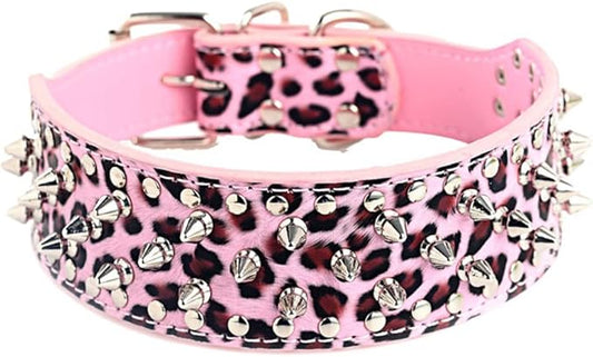 Serijoars Spiked Studded Dog Collar, PU Leather Dog Collar, Adjustable Pet Collars for Medium or Large Breed Pet (L, Leopard)