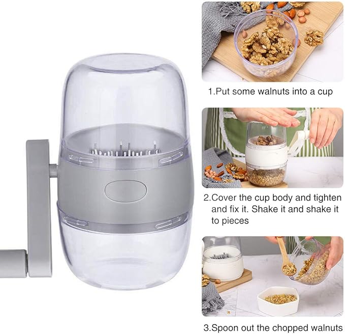 Manual Nut Chopper, Portable Nut Grinder Hand Crank for All Nuts Walnut Pecans, Food Chopper Garlic Cutter Hand Crank Food Shredder Cutter Mincer Blender Kitchen Tool(Grey)