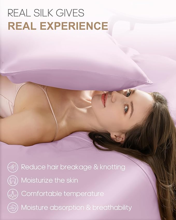 THXSILK Set of 2 Silk Pillowcase for Hair and Skin, 100% Mulberry Silk Bed Pillowcase 22 Momme, Hypoallergenic Soft Breathable Silk Pillow Case with Hidden Zipper, King Size 20"x36", Light Purple