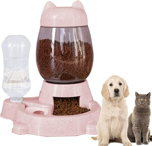 Automatic Cat & Dog Feeder Set, Self-Dispensing Food & Water Dispenser, Large Capacity (Pink)