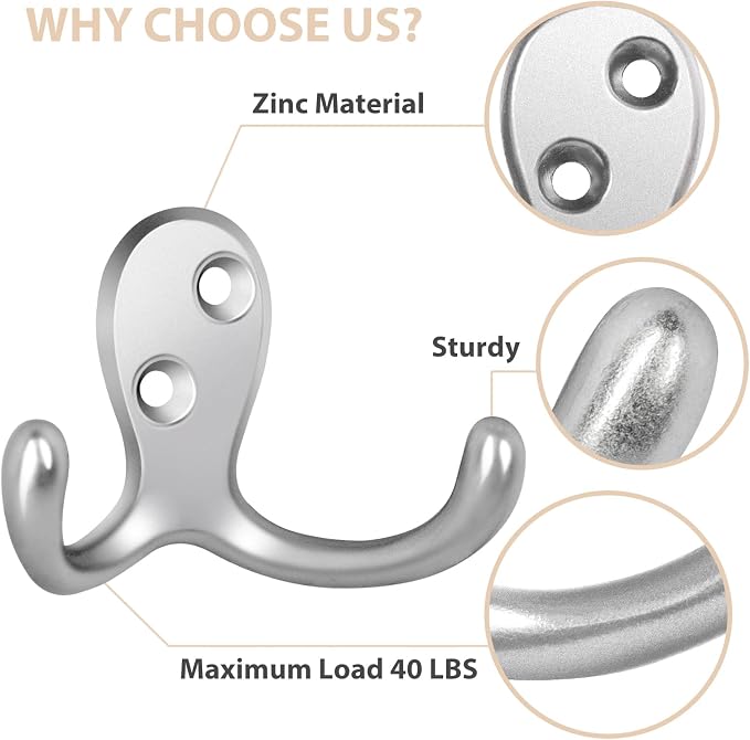 Homanu 54 Pack Coat Hooks, Heavy Duty Double Prong Coat Hooks Wall Mounted