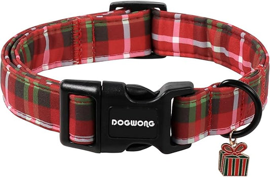 DOGWONG Christmas Plaid Dog Collar, Cute Adjustable Red Collar for Boy and Girl Dogs, Dog Collar with Strong Plastic Buckle for Small Medium Large Dogs,L