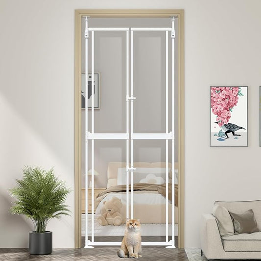 71-98" Clear Tall Cat Pet Gate, 33.5-36 in Wide Extra High Dog Gates for Doorways Acrylic Kitten Proof Full Door Barrier, Auto Close Walk Thru Puppy Pressure Mounted, Indoor White