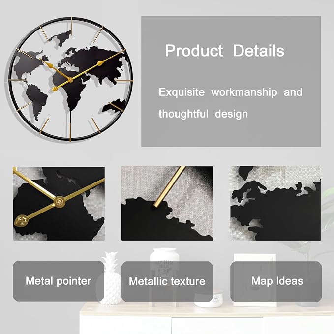 Large World Map Wall Clock, Metal Minimalist Modern Clock, Round Silent