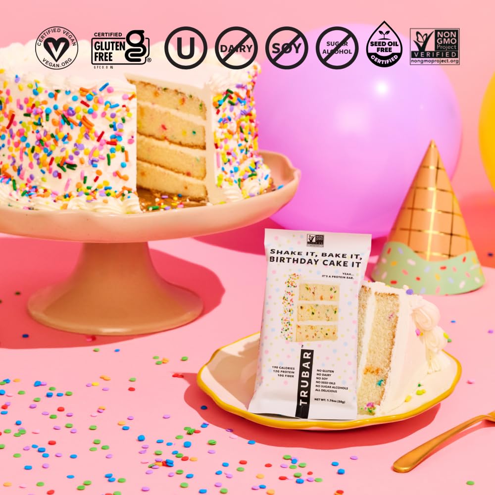 TRUBAR Vegan Protein Bars, Frosted & Fabulous Variety Pack, Donuts, Strawberry Shortcake & Birthday Cake, Gluten Free, Plant Based, High Fiber, Dairy Free, On the Go Healthy Snacks, 12 Count