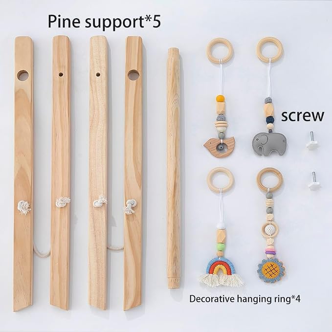 Wooden Baby Play Gym, Foldable Baby Activity Gym Frame with 4 Hanging Sensory Toys, Montessori Newborn Tummy Time Play Gym, Natural Wood Baby Gym for Infant Nursery Decor, Baby Shower Gift | 4 Sensory Hanging Toys, Montessori, Infant Activity Frame, 0-...