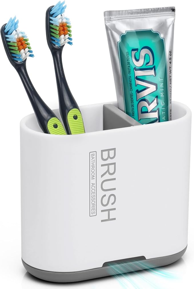 Chintu Toothbrush and Toothpaste Holder with Divider for Bathroom Countertop Organizer, Detachable for Easy Clean,Electric Toothbrush Holders Storage Caddy for Family (White/Gray)