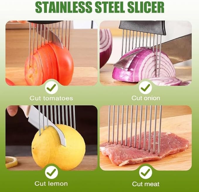 Onion Slice Holder, 2026 New Stainless Steel Onion Slice Holder Lemon Slicer Vegetable Cutter, Multifunctional Chopper Assistant Kitchen Slicer Tool for Fruit, Meat, Tomato, Onion Slicing ﻿ (1pcs)