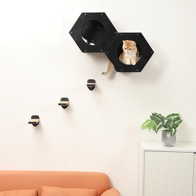 Cat Shelves with 3 Steps Scratcher Post & Hammock - Wall Mounted Climbing Shelf for Indoor Cats (Black)