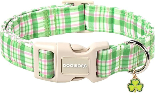 DOGWONG Pink Plaid Adjustable Pet Collar Comfortable Spring Summer Puppy Collar Cute Cotton Collars Durable Necklace Gift for Small Dogs,S