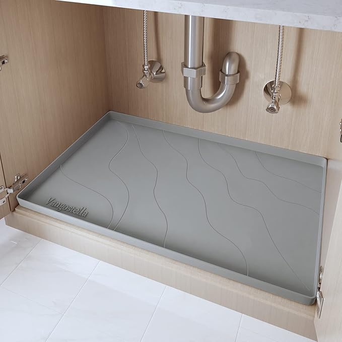 Premium Under Sink Mat for Kitchen - Waterproof 34" x 22", Extra Thick Non-Slip Silicone Liner with Raised Edge - Prevents Drips, Leaks, Spills - Grey