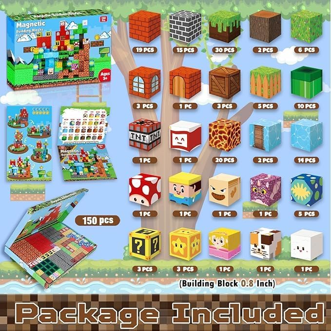 Magnetic Building Blocks Magnetic Building Tiles Toys for Boys Girls Age 3+，Creative Plastic Magnet Square Gift for Kids Game World 150pcs