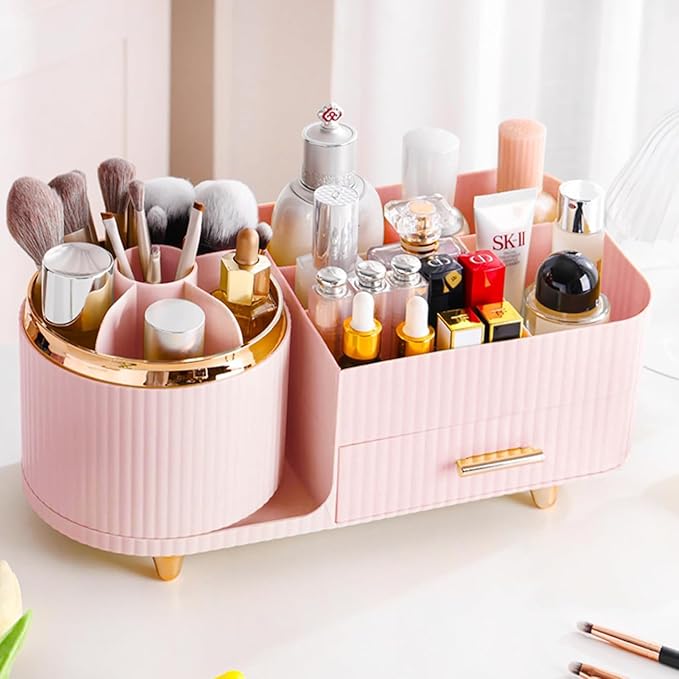 Rotating Makeup Organizer for Vanity with Brush Holder and Drawer, Cosmetic Makeup Storage, Large Spinning Makeup Skincare Organizer, Countertop Makeup Perfume Organizer, Lotions Display Case (Pink)