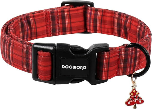 DOGWONG Christmas Plaid Dog Collar, Cute Adjustable Red Tartan Collar, Red Grid Dog Collar with Strong Plastic Buckle for Small Medium Large Dogs,L
