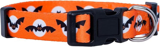 Native Pup Halloween Dog Collar- Spooky Fall Themed Horror Costume Collars- Skull, Pumpkin, Ghost, Bat, Witch, Candy Corn, Spider- Adjustable for Small, Medium, Large Breeds (Small, Bats and Moon)