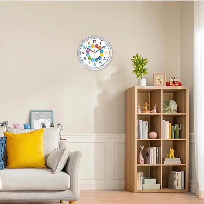 XFM Silent Kids Wall Clock 8 Inch Non Ticking Battery Operated Kids Teaching