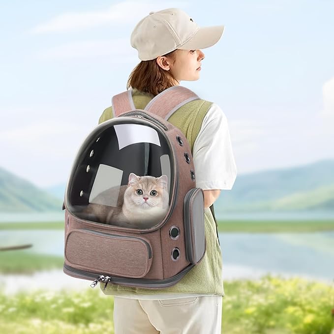 Cat Backpack Carrier for Cats and Small Dogs, Breathable Cat Bubble Backpack, Airline Approved Pet Travel Carrier for Hiking Camping Outdoor(Khaki)