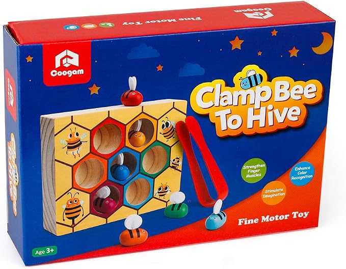 Coogam Toddler Fine Motor Skill Toy, Clamp Bee to Hive Matching Game, Montessori Wooden Color Sorting Puzzle, Early Learning Preschool Educational Gift Toy for 3 4 5 Years Old Kids