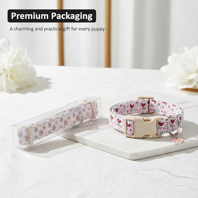 Cute Dog Collar, Yellow Plaid Dog Collar with White Floral Pattern, Spring Summer Design Floral Collar for Girls Boys Large Dogs