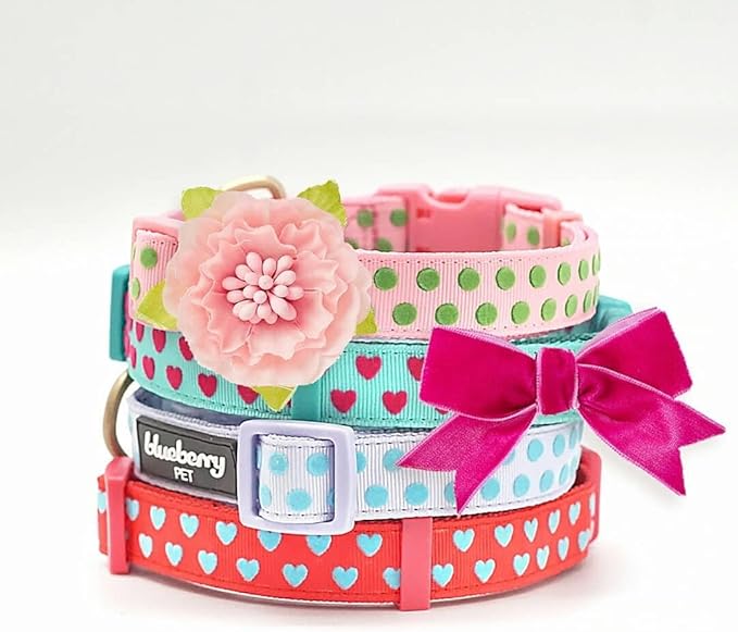 Blueberry Pet Adjustable Flocking Dog Collar with Silk Flower, Pink Dog Collar for Girls, Medium, 14.5"-20" Neck, 3/4" Width, Girl Dog Collars for Small Dogs