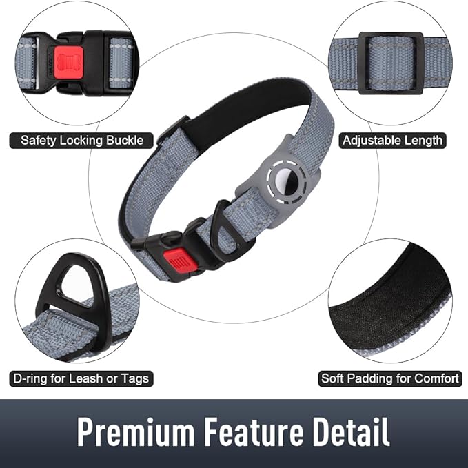 Airtag Dog Collar with AirTag Holder for Small Dogs, Reflective, Soft Padded & Safety Locking Buckle, Nylon Pet Collars Adjustable for All Breeds, Grey,S