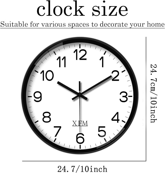 XFM Black Wall Clock 10 Inch Modern Small Wall Clocks Battery Operated Silent