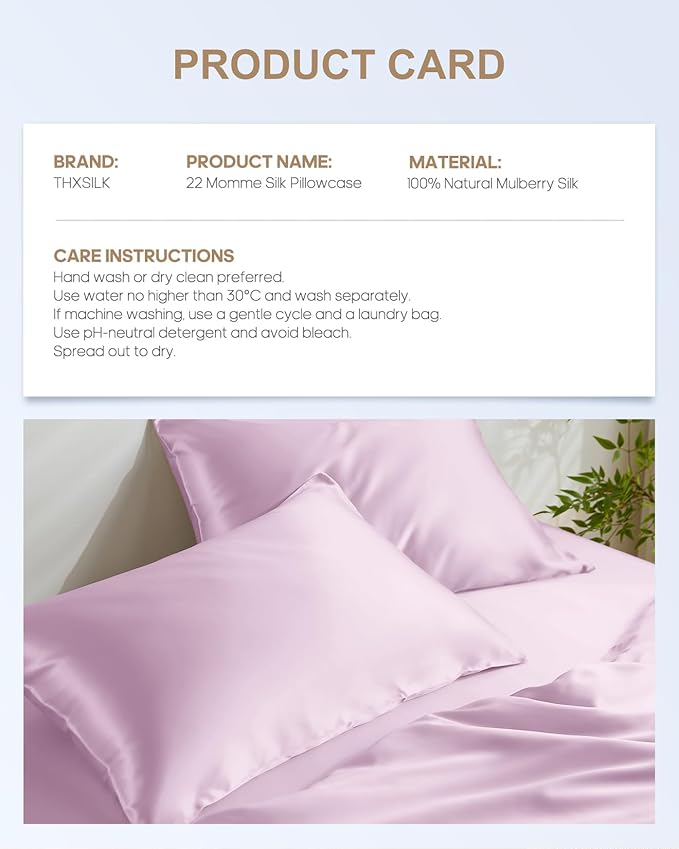 THXSILK 100% Mulberry Silk Pillowcase for Hair and Skin Health, 22 Momme Soft and Smooth Pillowcase with Hidden Zipper, Both Sides Premium Grade 6A+ Silk, 1pc (Standard 20"x26", Light Purple)