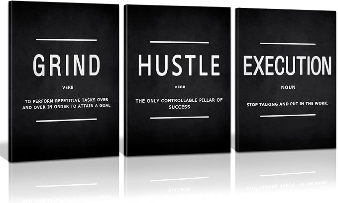 KAWAHONE Grind Hustle Execution Quotes Framed Wall Art, Inspirational Painting