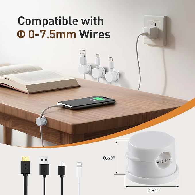 AGPTEK 8 Pack Magnetic Cable Clips, Upgraded 360° Rotatable Cord Holder Clips for Nightstand, Desk Cord Organizer Adhesive Wire Management Home Office Phone Charging Cords USB Cable Keeper (White)