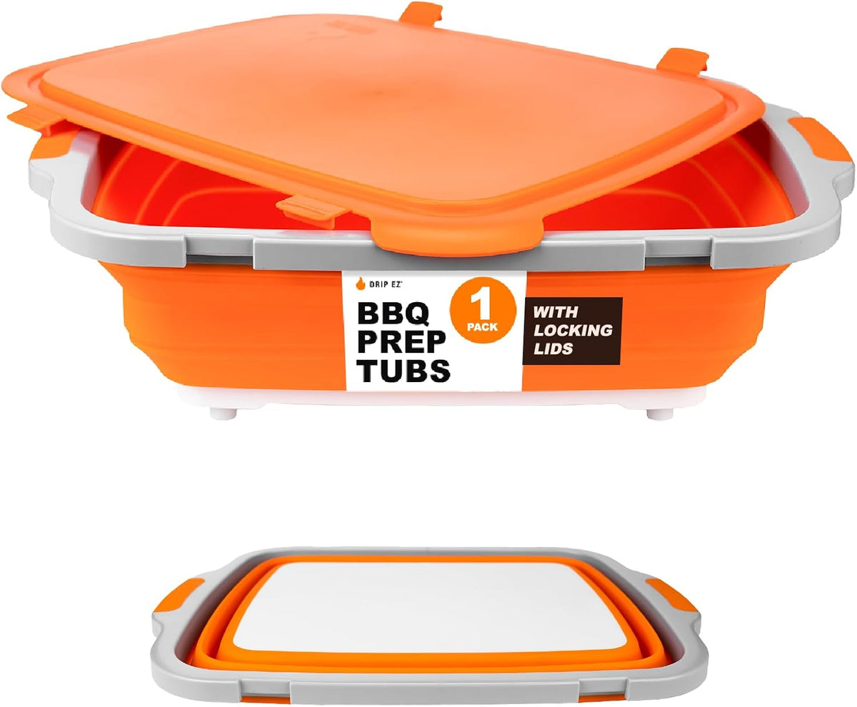 Drip EZ Collapsible BBQ Prep Tub - for Meal Prep Marinating Food Storage - Includes Cutting Board & Locking Lid - (1) XL - Black
